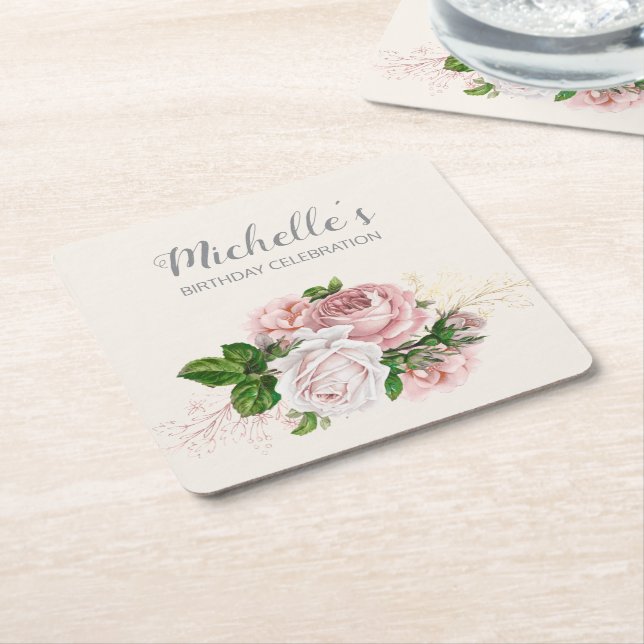 Elegante Rosa Vintage Blumengeburt Party Rechteckiger Pappuntersetzer (angewinkelt)