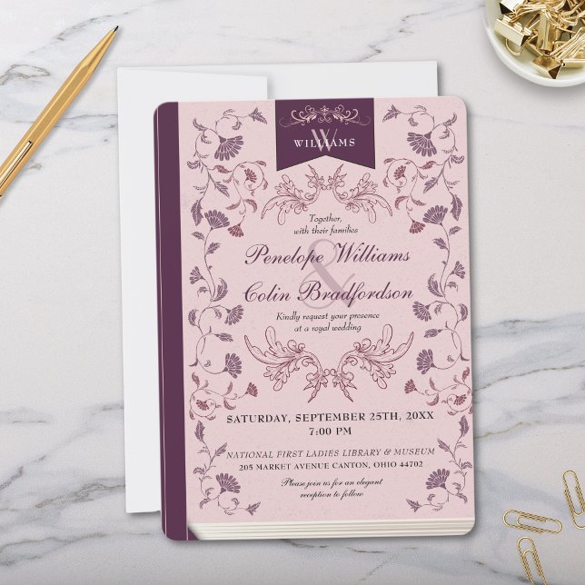 Elegante rosa Vintage Buchdecke Hochzeit Einladung (Elegant Pink and Plum Wedding Invitation for Library Book Cover Designs and Bookish Fans)