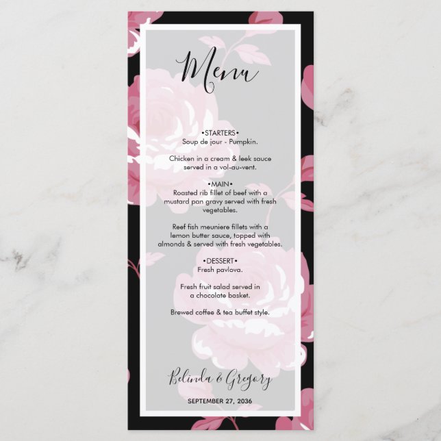 Elegante, rosa Vintage Rose Hochzeit Menükarte (Vorderseite)