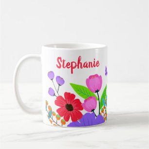 Elegante rosa, violette Blumen und Schmetterling Kaffeetasse