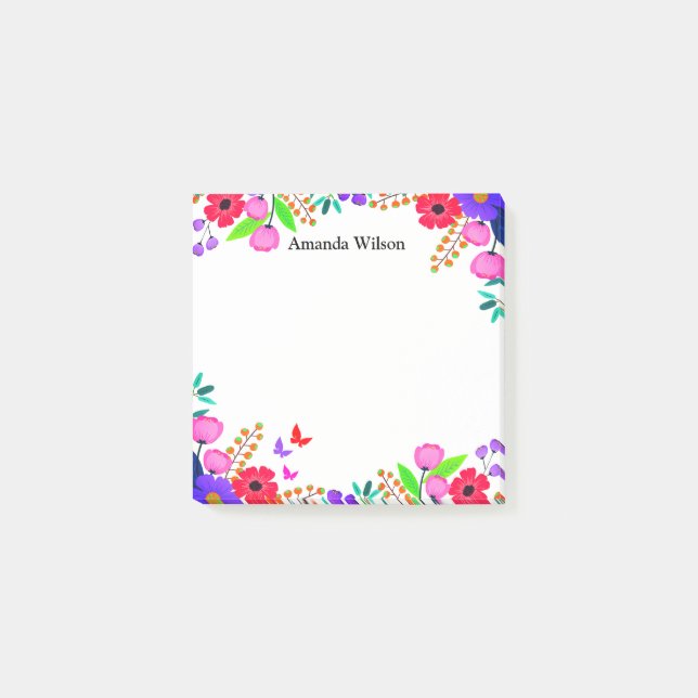 Elegante rosa, violette Blumen und Schmetterling Post-it Klebezettel (Vorderseite)