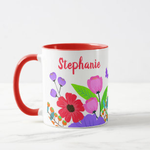 Elegante rosa, violette Blumen und Schmetterling Tasse