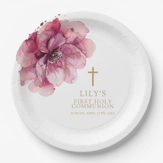Elegante Rosa Wasserfarbe Blumenkolonie Heilige Ko Pappteller (Vorderseite)