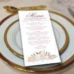 Elegante Rosa Wasserfarbe Floral Boho Chic Hochzei Menükarte<br><div class="desc">Dieses schöne Menü wird Ihrem Hochzeitsempfang etwas mehr Stil verleihen. Es zeichnet sich durch ein wunderschönes, schicke Blumendesign aus, mit handgemalten Aquarellfarben-Rose und Blüten in Rosa, Korallenpfirsich und Lila in Rosa, Eukalyptus-Blätter und Gartengrün. Es gibt Platz für die Namen des Paares und das Hochzeitstag, und der Text ist vollständig anpassbar....</div>