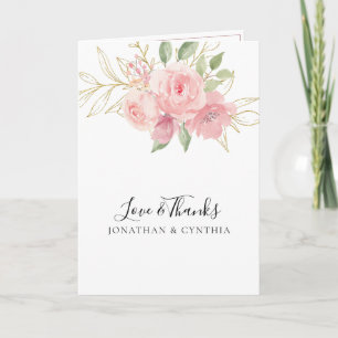 Elegante rosa Wasserfarbe goldene Blumenhochzeit Dankeskarte