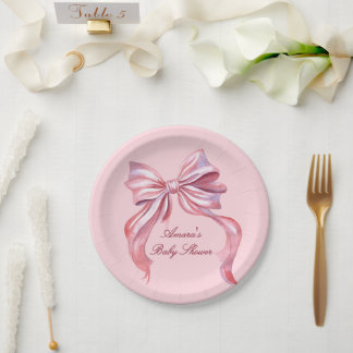 Elegante rosa Wasserfarbe Schleife Mädchen Baby Sh Pappteller
