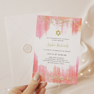 Elegante rosa Wasserfarbe und Gold   Bat Mitzvah Einladung