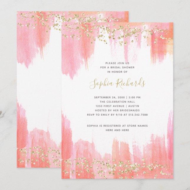 Elegante rosa Wasserfarbe und Gold | Brautparty Einladung (Vorne/Hinten)