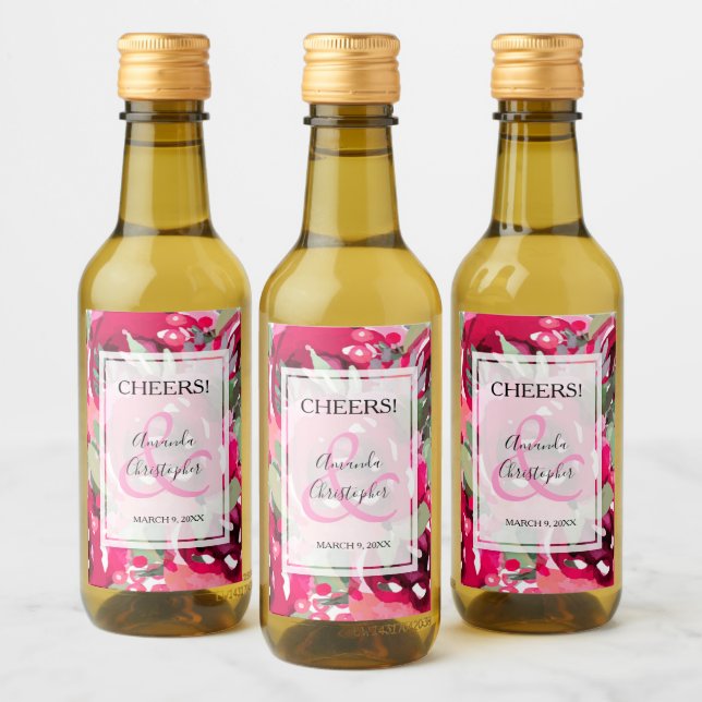 Elegante Rosa Wasserfarben Bläserne Hochzeit Mini Weinetikett (Flaschen)