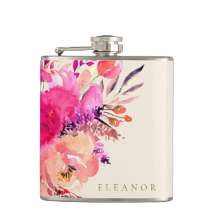 Elegante rosa Wasserfarben-Blumen Hochzeitsgesells Flachmann