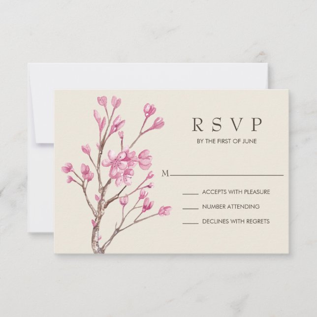 Elegante rosa Wasserfarben Cherry Blossom Hochzeit RSVP Karte (Vorderseite)