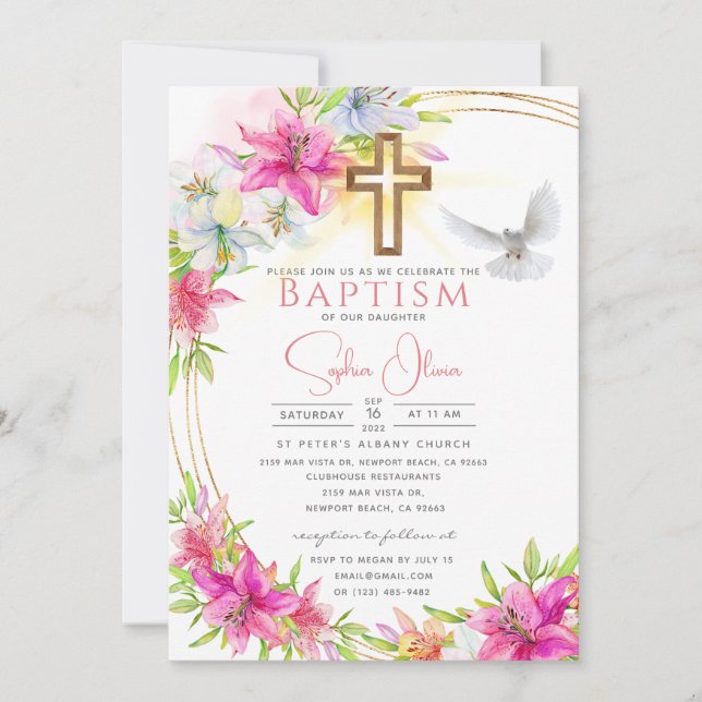 Elegante rosa Wasserfarben Florentiner Girl Taufe Einladung (Vorderseite)