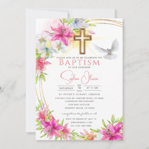 Elegante rosa Wasserfarben Florentiner Girl Taufe Einladung