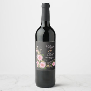 Elegante rosa Wasserfarbenblumen auf individueller Weinetikett