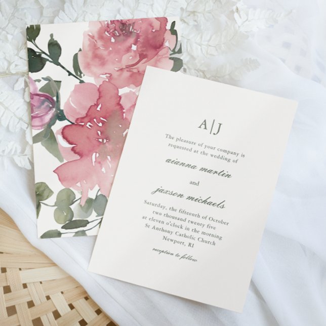 Elegante Rosa Wasserfarbenpeony Blumenhochzeit Einladung (Von Creator hochgeladen)