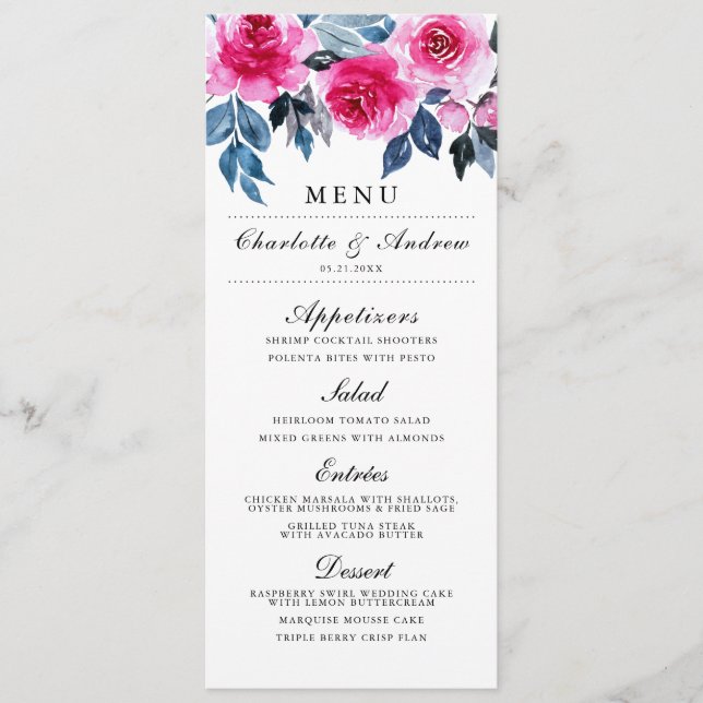 Elegante Rosa Watercolor Blumenhochzeit Menükarte (Vorderseite)