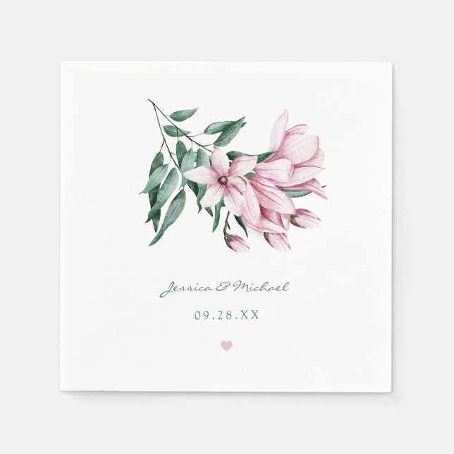 Elegante Rosa Watercolor Magnolia Hochzeit der Blu Serviette (Vorderseite)