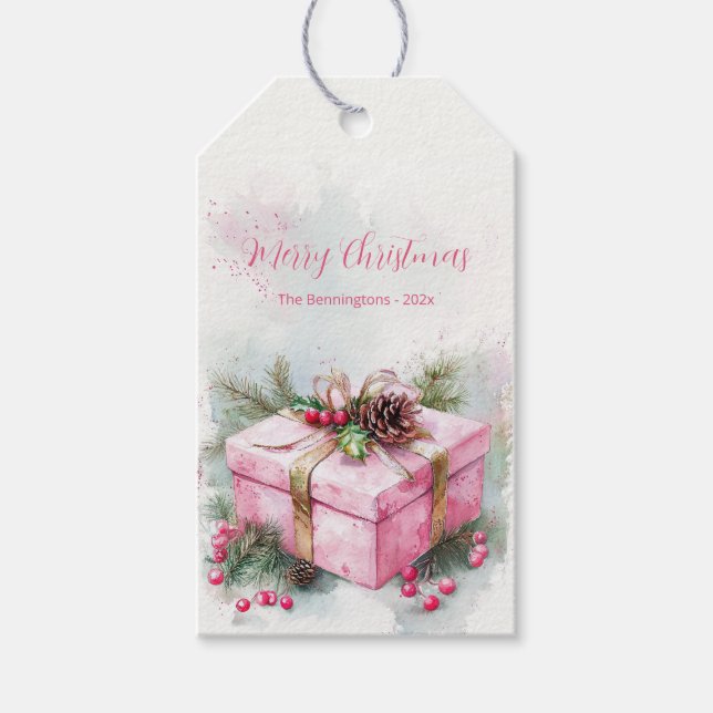 Elegante Rosa Weihnachten Geschenkanhänger (Vorderseite)