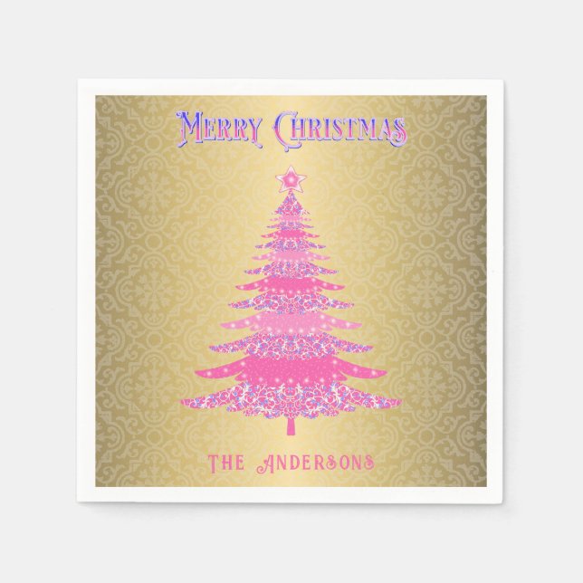 Elegante Rosa Weihnachtsbaum Gold Name Ornamente Serviette (Vorderseite)