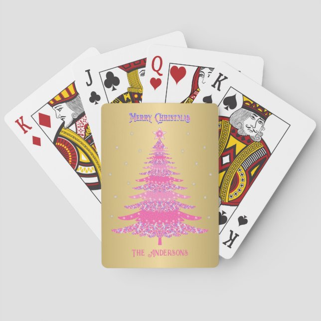 Elegante Rosa Weihnachtsbaum Individuelle Name Spielkarten (Rückseite)