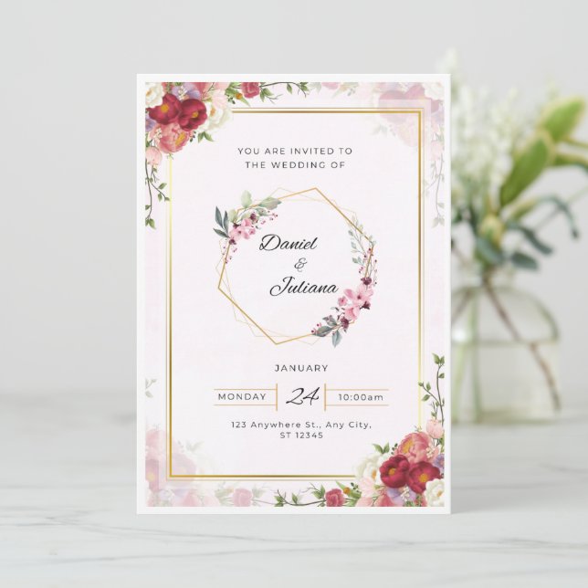 Elegante Rosa & Weiß Moderne Hochzeitsfeier Einladung (Stehend Vorderseite)