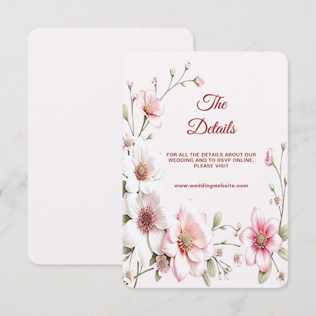 Elegante, rosa, weiße Blumen-Detailkarte Begleitkarte (Vorne/Hinten)