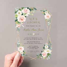 Elegante rosa weiße Blumen Goldrahmen Brautparty Acryleinladungen