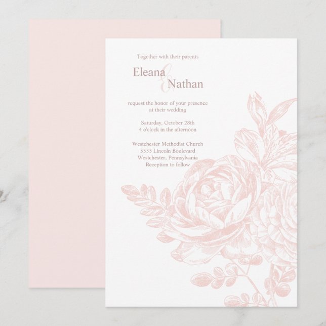 Elegante, rosa, weiße Blumenbraut Hochzeit Einladung (Vorne/Hinten)