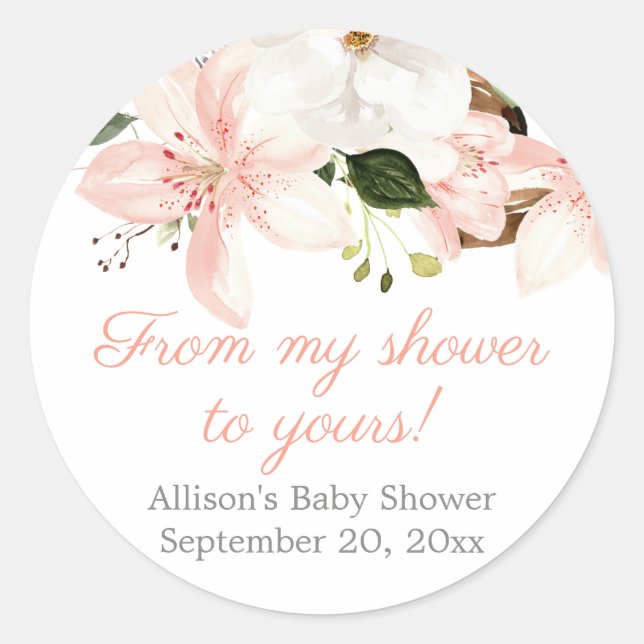Elegante, rosa, weiße Blütenlilie Babydusche Runder Aufkleber (Vorderseite)