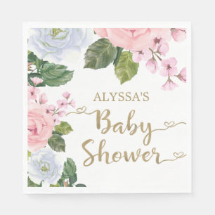 Elegante rosa weiße florale Rosen Schriftzug Babyp Serviette