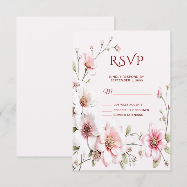 Elegante, rosa, weiße, florale RSVP-Karte RSVP Karte (Vorne/Hinten)