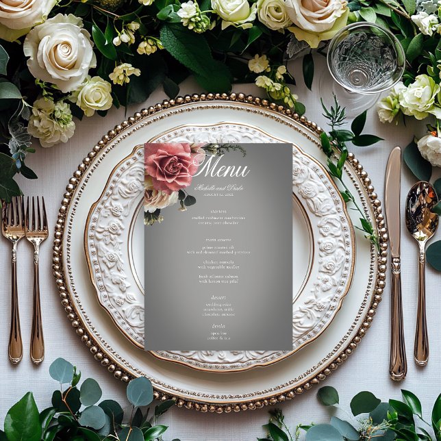 Elegante Rosa Weiße Rosen Blütengraue Hochzeit Menükarte (Von Creator hochgeladen)