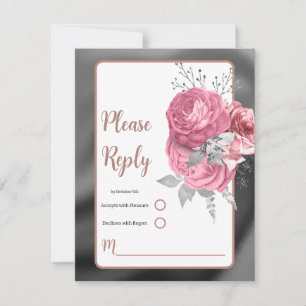 Elegante rosa-weiße Rosen mit Silberfolien-Einlage RSVP Karte