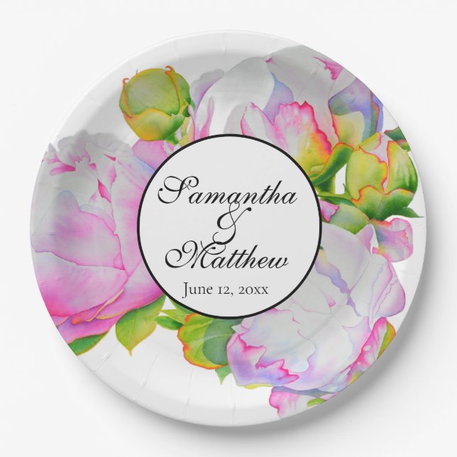 Elegante rosa, weiße Wasserfarbenperle mit Blumen Pappteller (Vorderseite)
