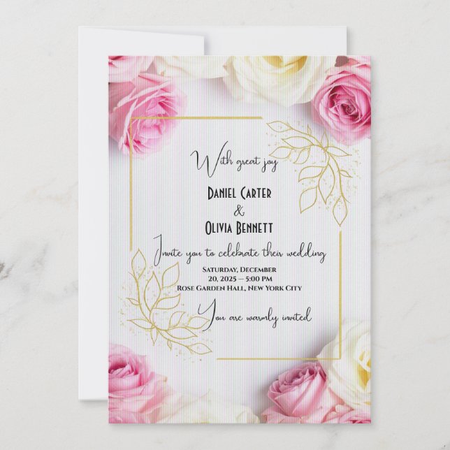 Elegante Rosa & White Rose Einladung zur Hochzeit (Vorderseite)