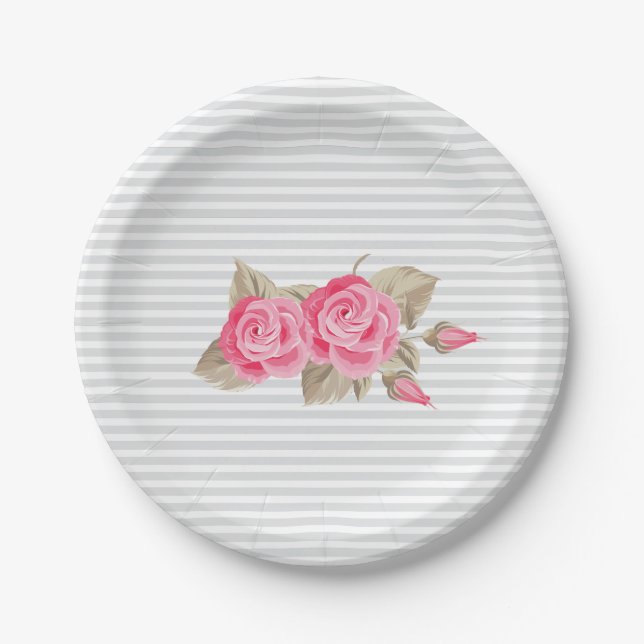 Elegante Rosa & White Roses Baby Dusche Pappteller (Vorderseite)