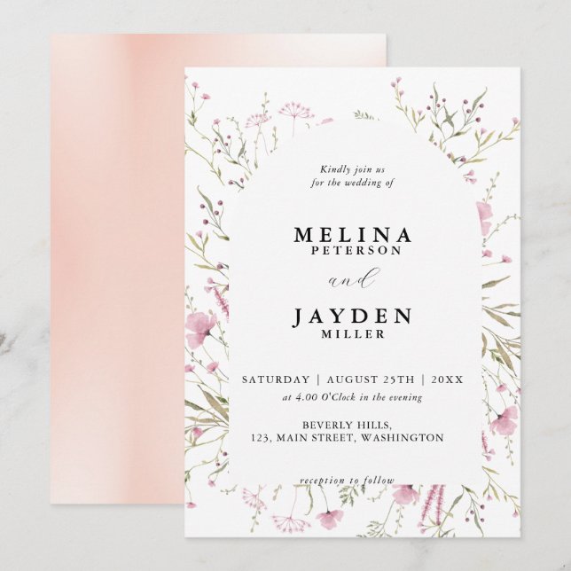 Elegante Rosa Wild-Floral Arch Wedding Einladung (Vorne/Hinten)