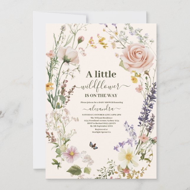 Elegante Rosa Wildblume Rustic Boho Baby Shower Einladung (Vorderseite)