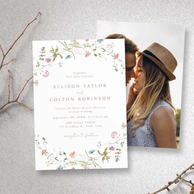 Elegante Rosa Wildblume Rustic Boho Wedding Foto Einladung (Elegant Pink Wildflower Rustic Boho Wedding Photo Invitation)