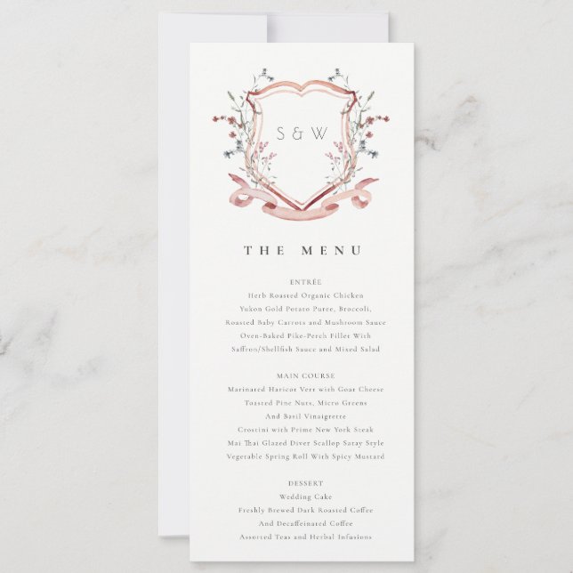 Elegante Rosa Wildblume Wappen Wedding Menu Card Einladung (Vorderseite)