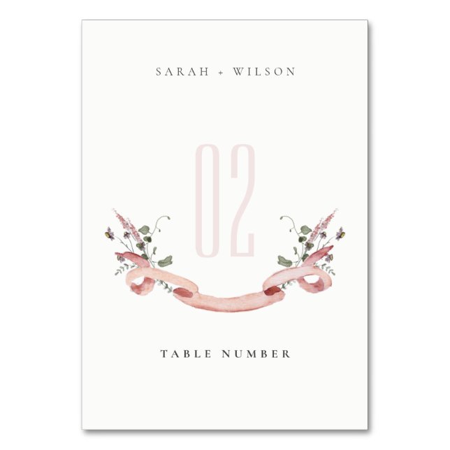 Elegante rosa Wildblume Wasserfarben-Hochzeit Tischnummer (Vorderseite)