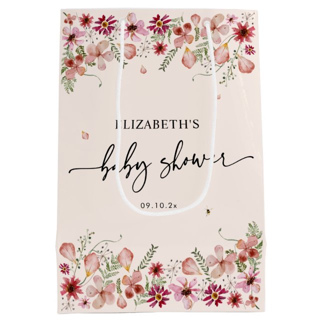 Elegante Rosa Wildblumen Babydusche Mittlere Geschenktüte (Rückseite)
