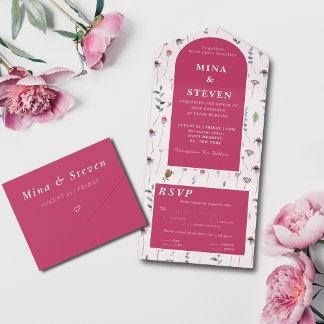 Elegante Rosa Wildblumen Hochzeit All In One Einladung