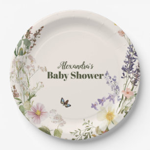 Elegante rosa Wildflower Rustikale Boho-Baby-Party Pappteller