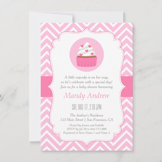 Elegante rosa Zickzack Cupcake Baby Girl Dusche Einladung (Vorderseite)