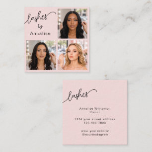 Elegante Rosafarben Schwarz Schrift 3 Foto Wimpern Quadratische Visitenkarte