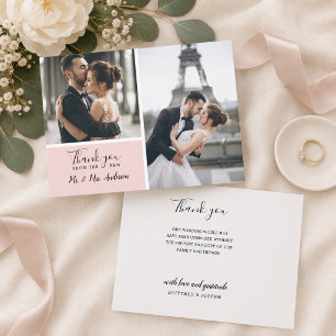 Elegante rosafarbene 2-Foto-Collage-Hochzeit Dankeskarte