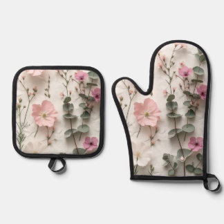 Elegante rosafarbene Blumen Botanische Ofenhandsch Ofenhandschuh & Topflappen-Set