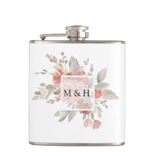 Elegante rosafarbene Blumenaquarell-Hochzeit Flachmann