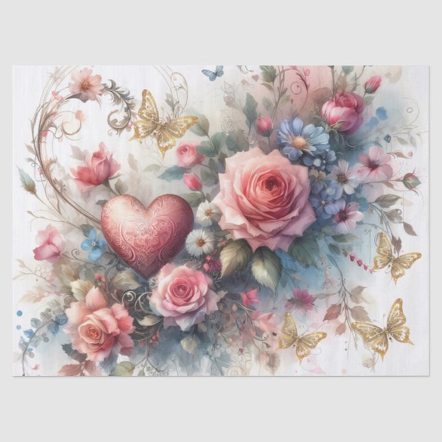 Elegante rosafarbene Blumenzwirnblätter Seidenpapier (Vorderseite)